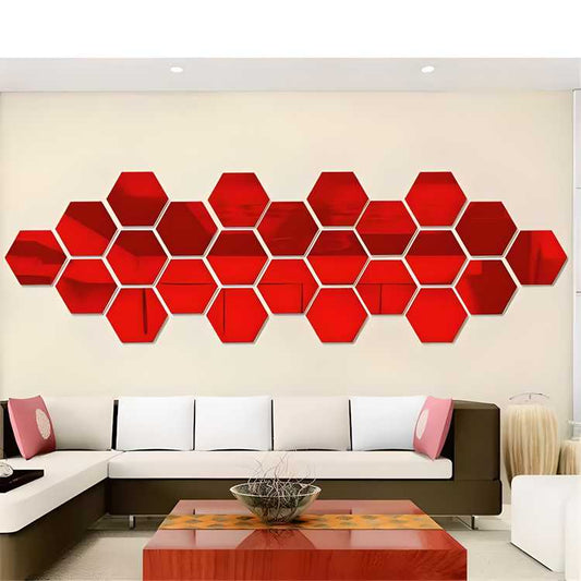 Mirror Stickers for Wall (Pack of 24 Hexagon, Red Color)