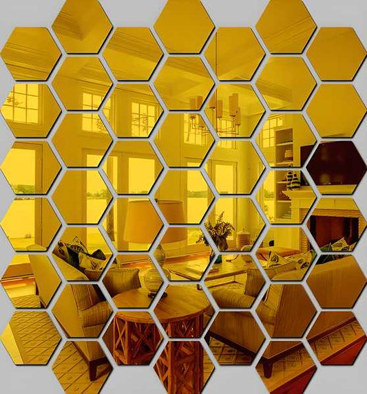 Mirror Stickers for Wall (Pack of 40 Hexagon, Gold Color)