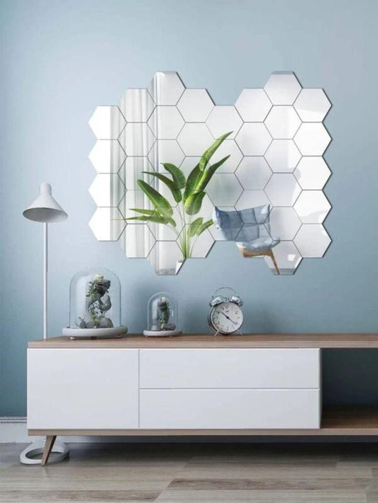 Mirror Stickers for Wall (Pack of 40 Hexagon, Silver Color)